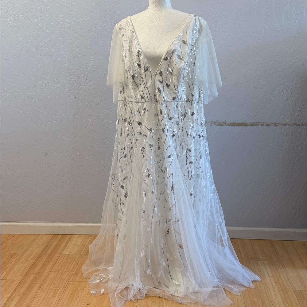 Ever Pretty White and Silver Leaf Embellished Gown
